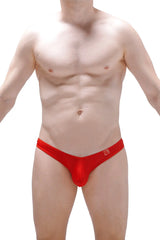 Red lace-trimmed men’s briefs with subtle textured pattern and small logo on waistband thong auzas bee red
