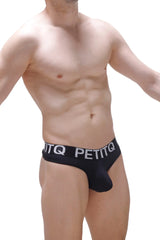 Black petitq thong auzis briefs in black with a white logo band showing front side design