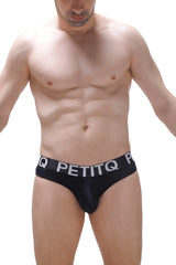 Black petitq men’s briefs thong auzis black with white logo band showing front view