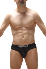 Black mesh thong auzis durtol briefs with perforated design and petitq logo on waistband