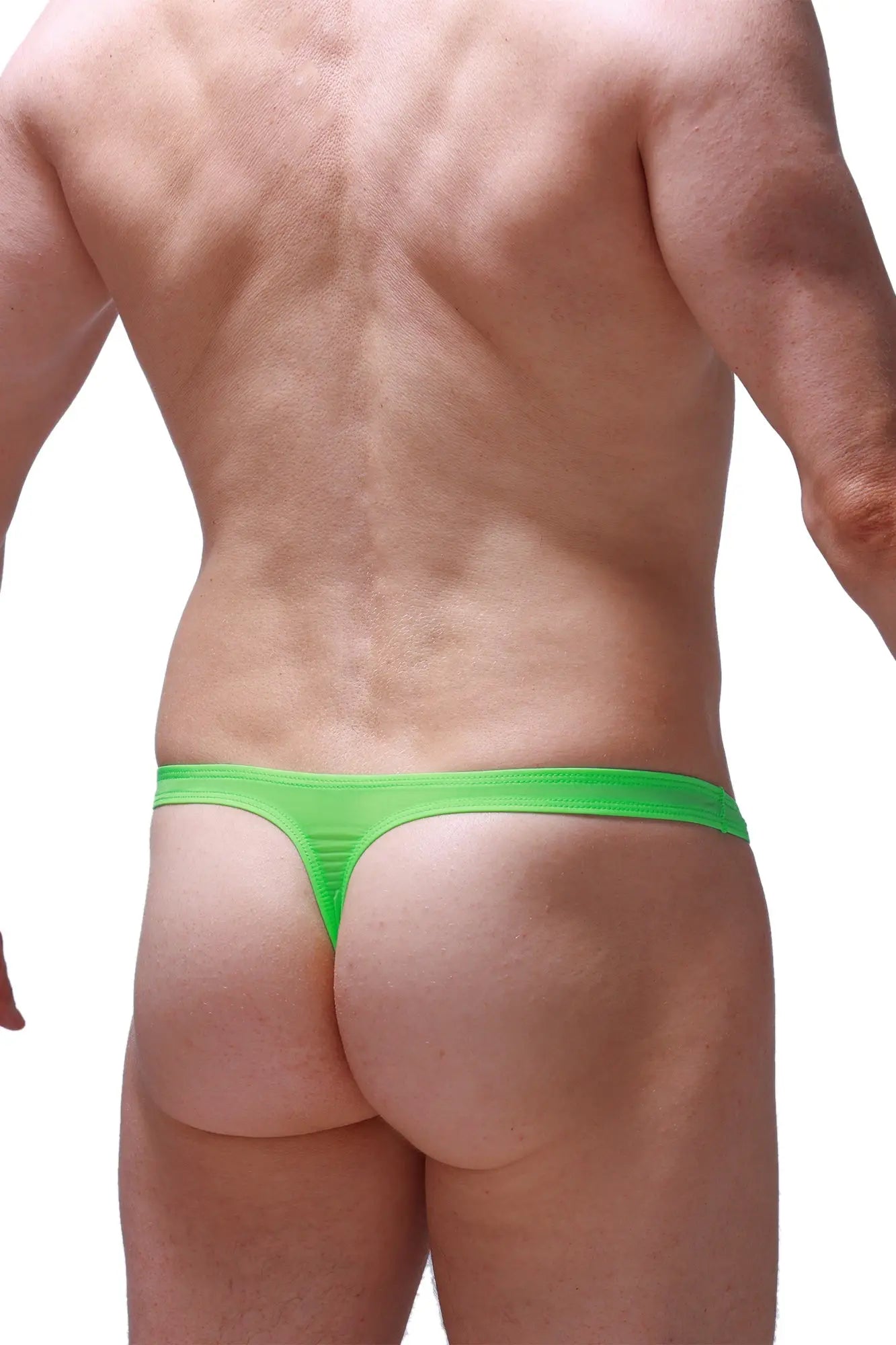 Bright neon green thong balan plum made of stretchy fabric with a simple sleek design shown from the back side