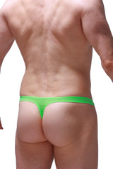 Bright neon green thong balan plum made of stretchy fabric with a simple sleek design shown from the back side