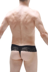 Black lace thong Barboy black with delicate intricate pattern along the waistband shown from the back side
