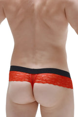 Red lace thong barboy red with black elastic waistband showing front side design and delicate lace material