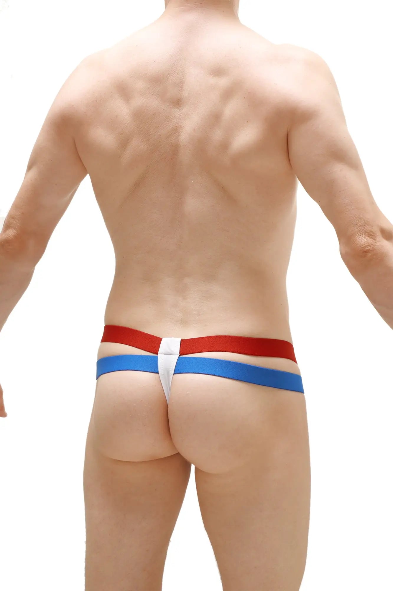 Thong barro white striped thong with red and blue stripes and a white central panel