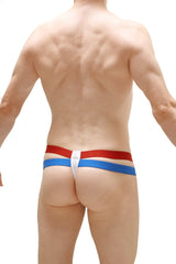 Thong barro white striped thong with red and blue stripes and a white central panel