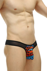 Black mesh thong bavent temae briefs with vibrant orange and blue palm tree pattern showing the front side