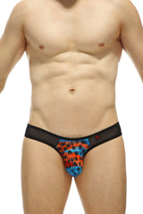 Men’s thong bavent temae briefs with black and vibrant orange blue tropical palm pattern and sheer mesh waistband