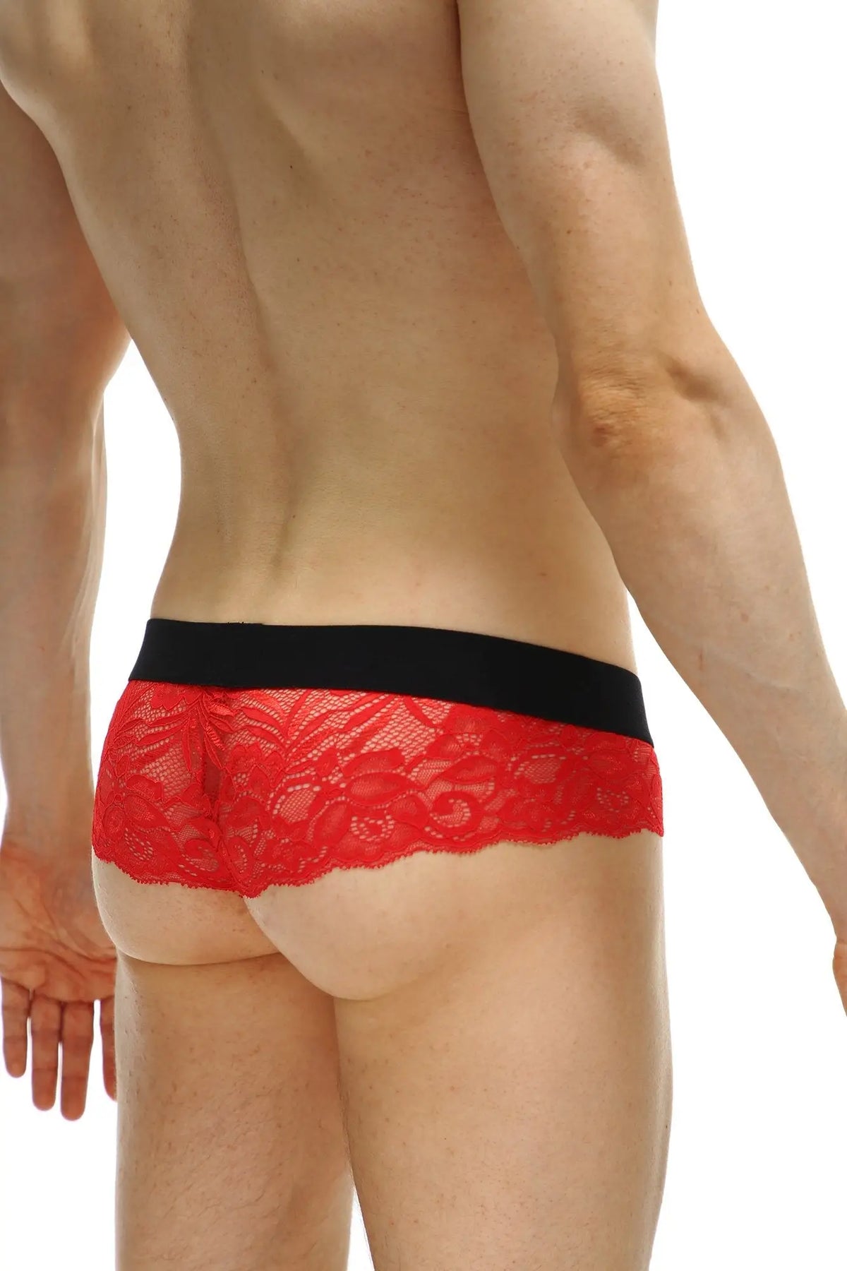 Red lace briefs thong blécourt red with black elastic waistband showcasing delicate lace material
