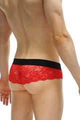 Red lace briefs thong blécourt red with black elastic waistband showcasing delicate lace material