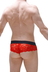 Red lace briefs with a black elastic waistband from the thong blécourt red collection shown from the back side