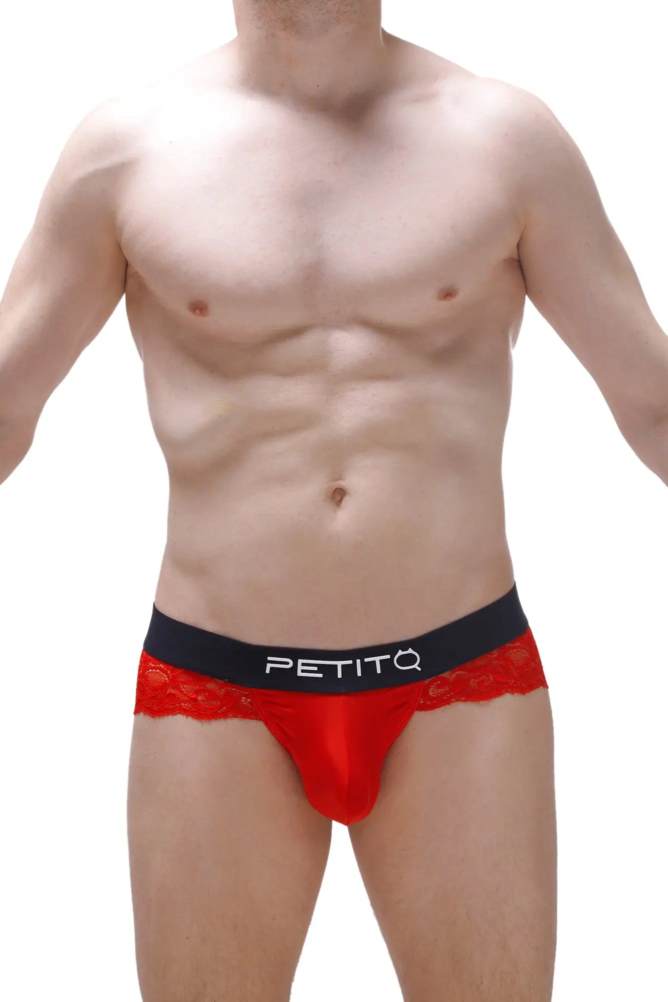 Red lace-trimmed men’s briefs with black petiq waistband in thong Blécourt red style