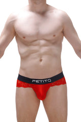 Red lace-trimmed men’s briefs with black petiq waistband in thong Blécourt red style