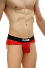 Thong Blécourt red men’s underwear with red lace trim and black waistband featuring the petitq logo