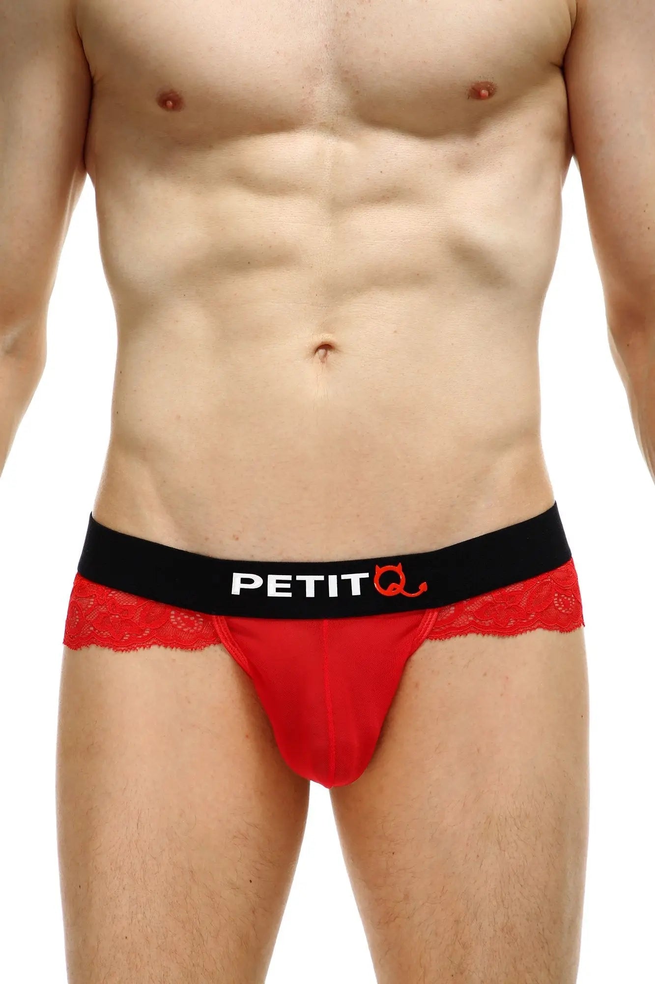 Red lace-trimmed petit q briefs with black waistband featuring brand logo from thong blécourt red collection