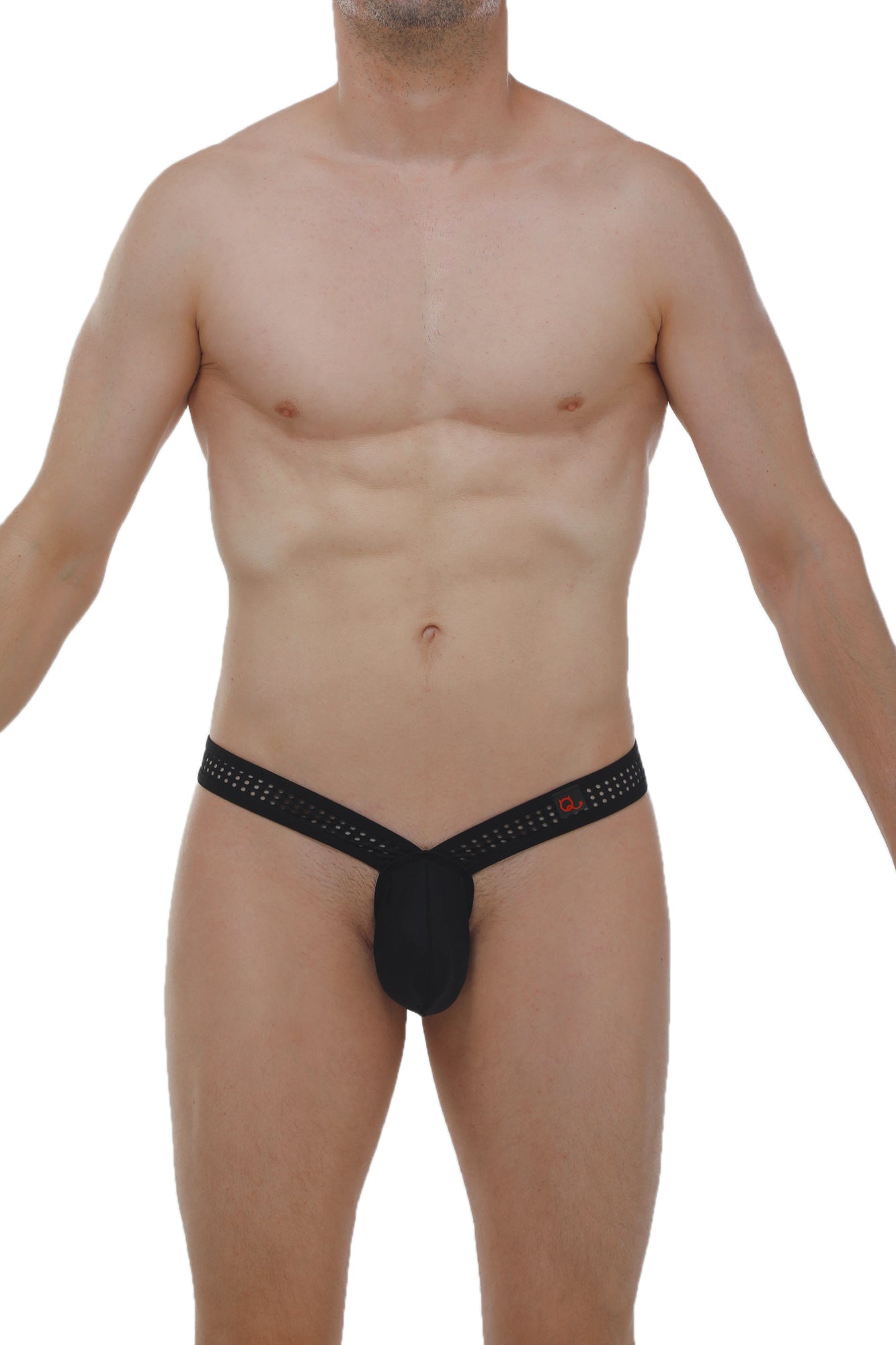 Black mesh briefs with a red petitq logo on the waistband showing the front side of the brech durtol black thong
