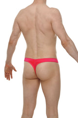 Bright pink form-fitting thong bulan joe made of stretchy fabric shown from the back side