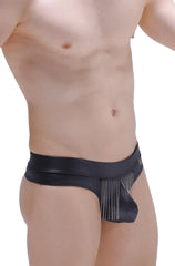 Black leather-like thong cabaret petitq with decorative fringe detail shown from the back side
