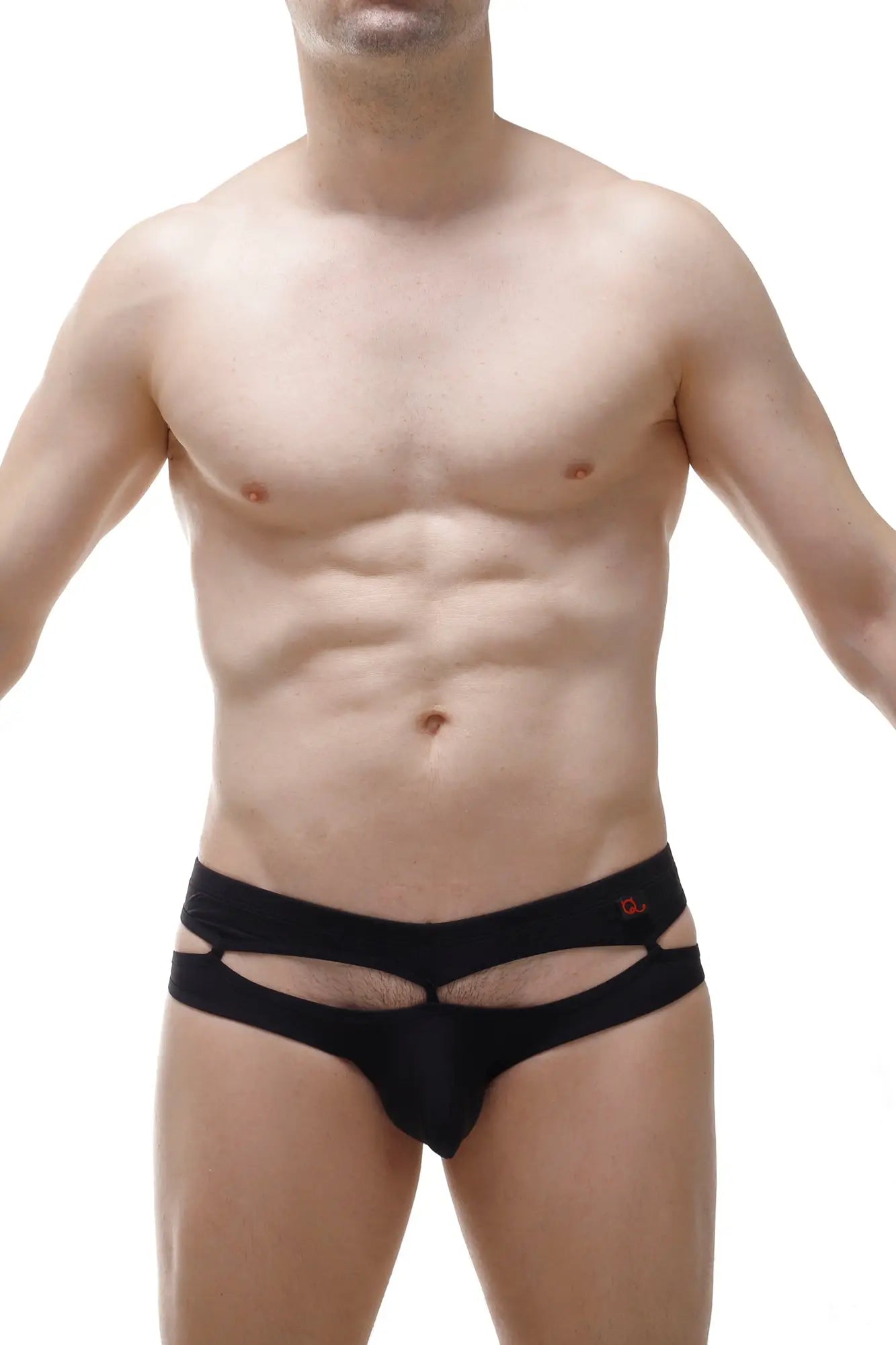 Black men’s briefs thong carlat black with distinctive cutout design and small red logo on waistband front view
