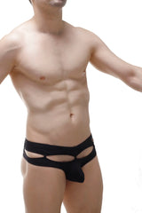 Black thong carlat men’s underwear with distinctive cutout design showcasing the back side in form-fitting style