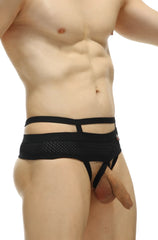Black mesh and elasticated men’s thong celon bee black underwear with a supportive strappy design