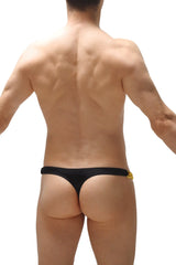 Black satin thong with small gold decorative accent on right side from thong chains satin black collection