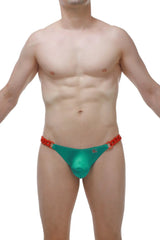 Teal-green satin thong with shiny fabric and red braided chain detailing at the waistband front view