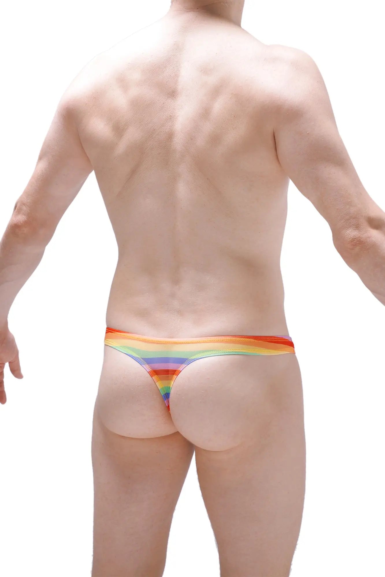 Thong chill net rainbow rainbow-striped thong with snug form-fitting design in vibrant colors shown from the back