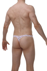 White thong with repeating pink chill piggy love cartoon pattern by PetitQ showing the front side