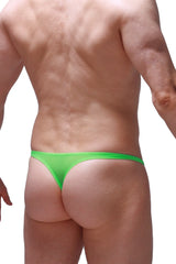 Bright green thong chirols made of stretchy form-fitting fabric shown from the back side