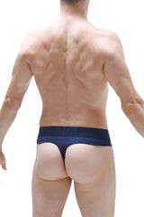 Navy blue thong cockring with smooth stretchable silicone fabric waistband shown from back side