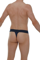 Navy blue PetitQ thong made of smooth stretchable fabric with a narrow waistband and minimal coverage shown from the back