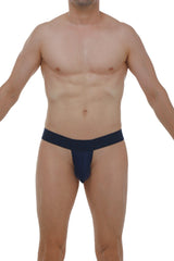 Navy blue PetitQ Thong Coren Plum briefs with wide waistband and contoured design visible from the back side