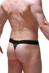 Black thong coren olive with subtle camouflage pattern on fabric shown from the back side