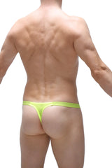 Neon yellow thong cornil net with snug form-fitting design made of breathable net material for comfortable wear