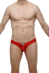 Red shiny latex thong with central ring detail from petitq bikini cuxac red collection