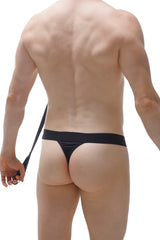 Black thong doggy with thin adjustable strap showing the back side made of soft stretch fabric