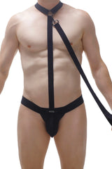 Black petitq thong doggy style harness with central strap and adjustable shoulder attachment visible from the back