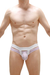 A translucent lavender mesh thong with white elastic waistband and supportive side straps from thong dolmen net lilac