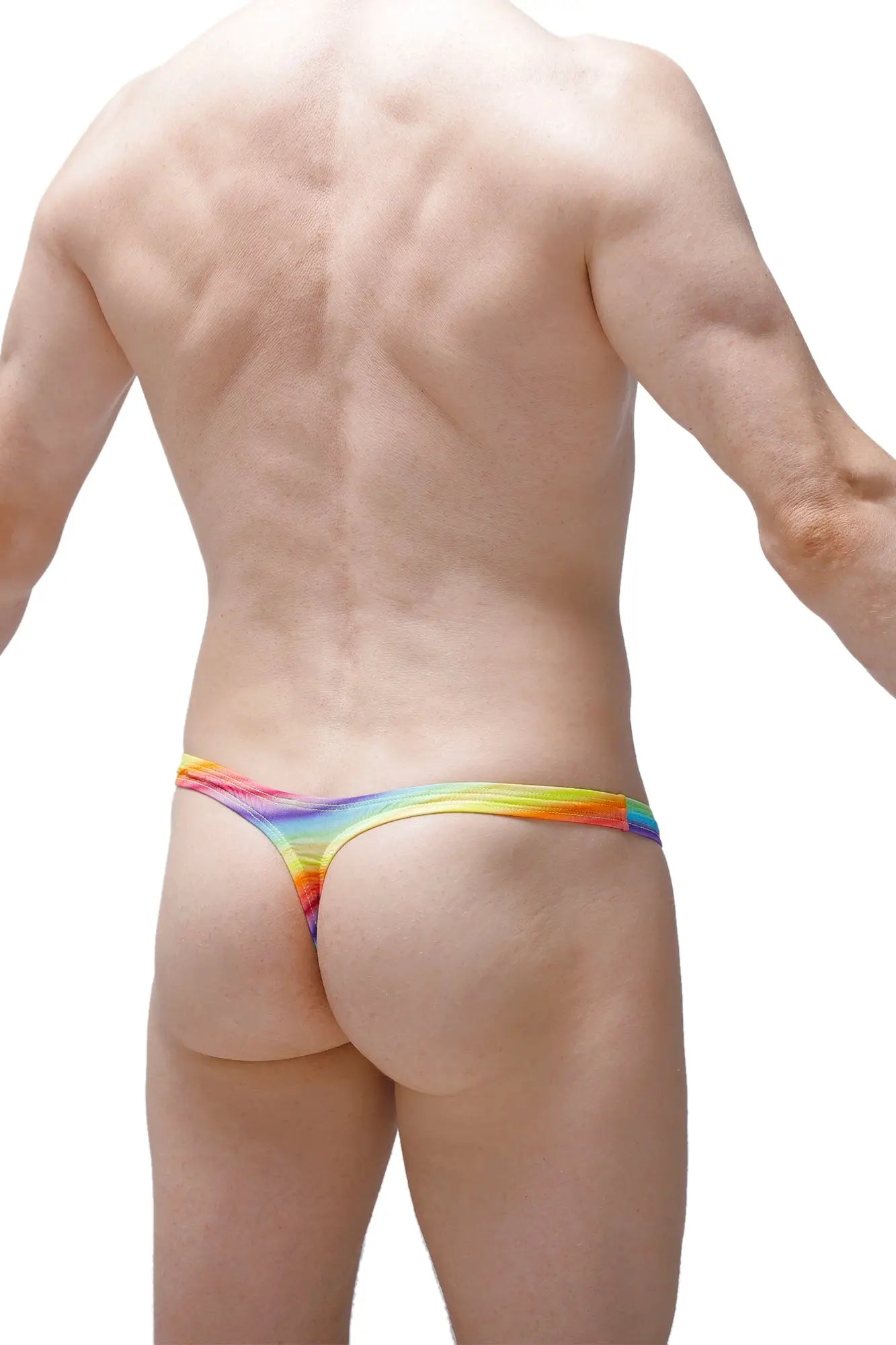 Rainbow-colored stretchy fabric thong dome andiol with vibrant gradient design shown from the back side