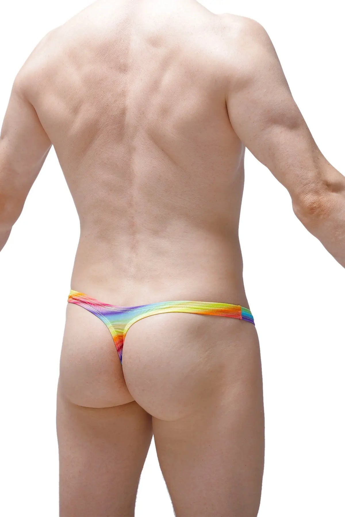 Rainbow-colored stretchy fabric thong dome andiol with vibrant gradient design shown from the back side