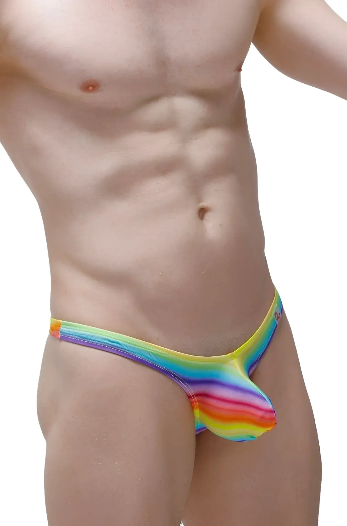 Rainbow-striped men’s thong dome andiol with glossy stretchy fabric finish showing front view