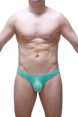Teal-colored form-fitting men’s briefs made of smooth stretchy bamboo fabric with a small logo on the waistband