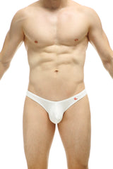 White men’s thong dome organic bamboo white with small red logo on waistband shown from the back side