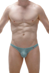 Light blue mesh briefs with perforated design and small red logo on waistband from PetitQ thong dome Durtol Green collection