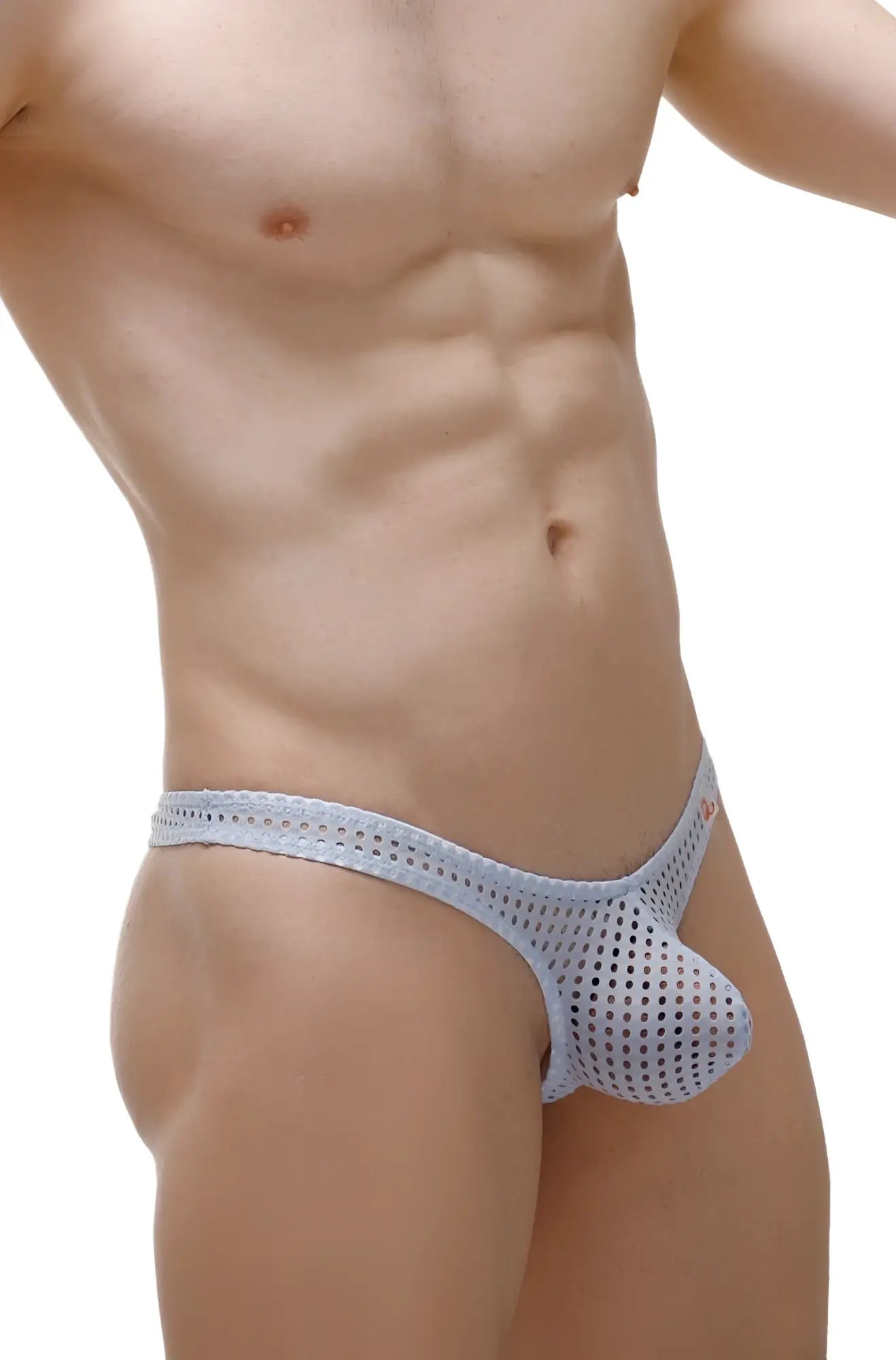 Light blue mesh thong dome durtol sky blue briefs with perforated design and small red logo on the side