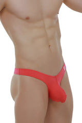 Bright red form-fitting thong made of smooth elastic modal fabric shown from the back in fuchsia color