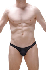 Black mesh thong briefs with a subtle red logo on the waistband from the thong dome net black collection