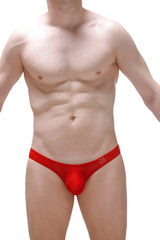 Red form-fitting men’s briefs thong dome net red with smooth stretchy fabric and small logo on waistband