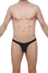 Black thong dome skine with a small red logo on the waistband shown from the back side